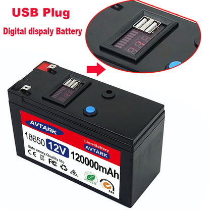 12V Battery 120Ah 18650 lithium battery pack Rechargeable battery for solar energy electric vehicle battery+12.6v3A charger