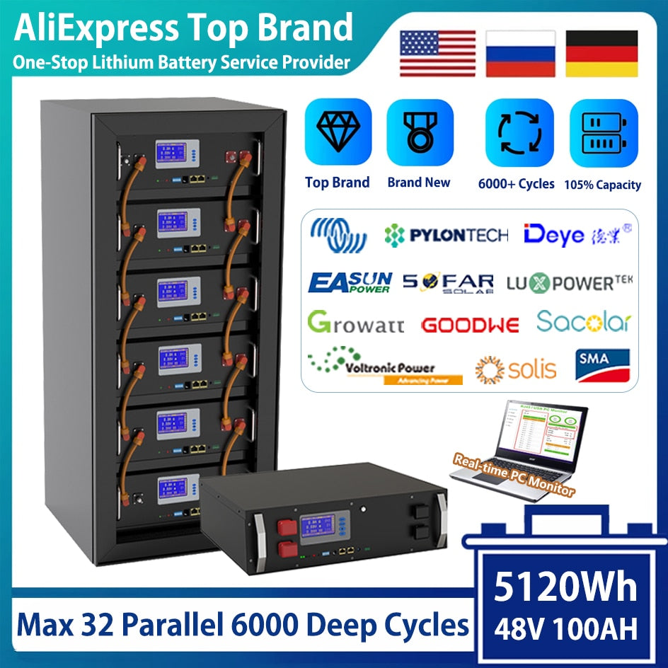 48V LiFePO4 100Ah 5120Wh Battery Pack - 16S 100A BMS CAN RS485 BUS PC Monitor 6000 Cycles Life 10 Years Warranty