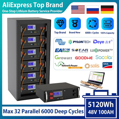 48V LiFePO4 100Ah 5120Wh Battery Pack - 16S 100A BMS CAN RS485 BUS PC Monitor 6000 Cycles Life 10 Years Warranty