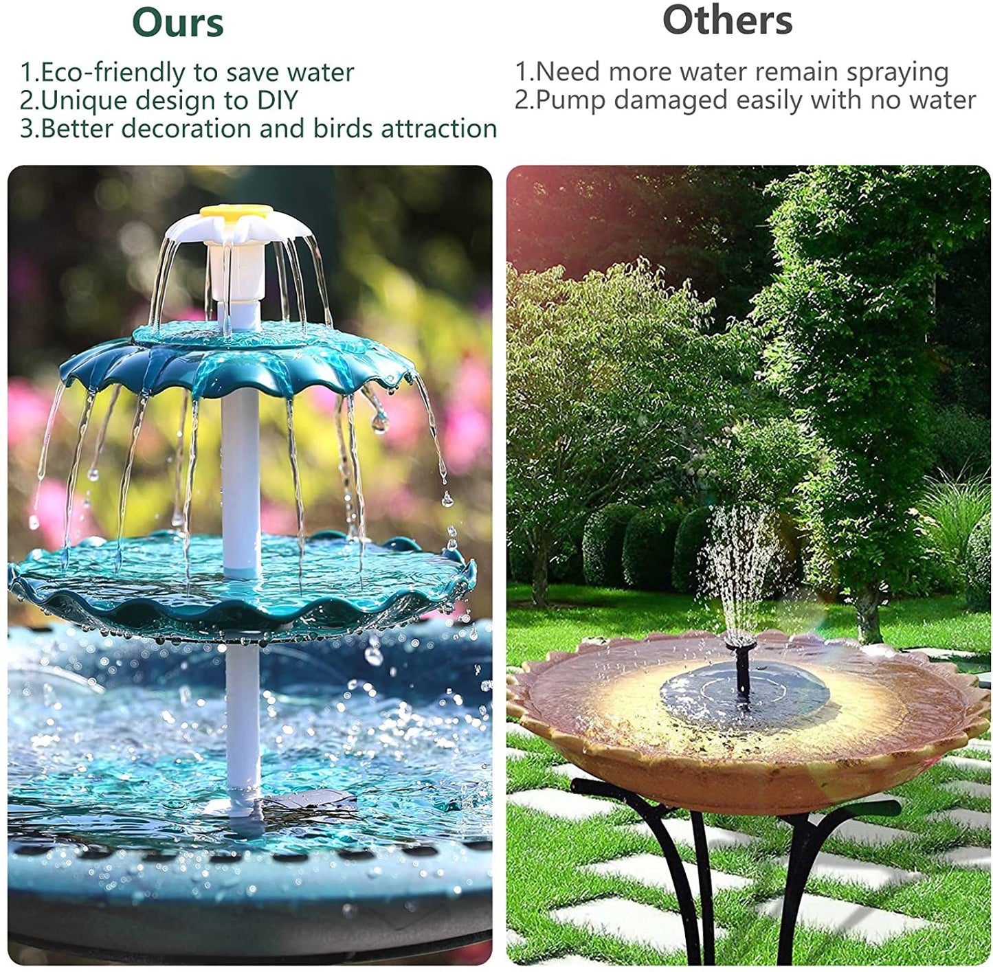 3 Tiered Bird Bath with 3W Solar Pump - DIY Solar Fountain Detachable and Suitable for Bird Bath. Garden Decoration