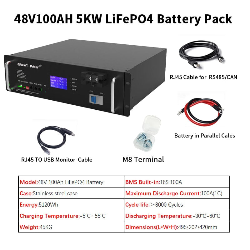 Great Pack 48V 200Ah LiFepo4 Household Power Energy Storage 10KWH Battery Long Service Life Solar UPS System