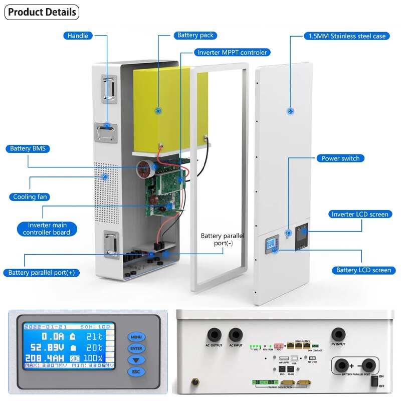 48V Powerwall LiFePO4 51.2V 100Ah 200Ah Battery Pack - 2IN1 Plug Play 6000 Cycle 5Kwh 10Kwh Built-in 16S BMS 5Kw 220-240V Inverter
