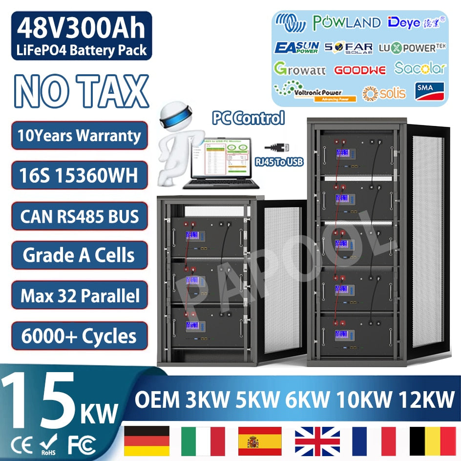 48V 300Ah LiFePO4 AKKU Battery Pack - 15Kw 6000+ Cycle RS485/CAN PC Monitor 16S BMS 51.2V 100Ah 200Ah For Off/On Gird Solar System