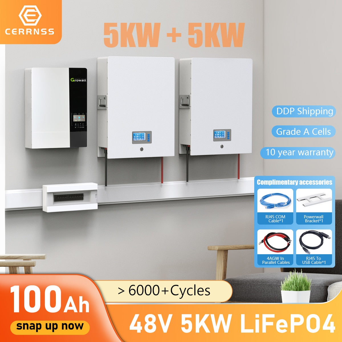 CERRNSS 48V 100Ah LiFePO4 Lithium Battery - Built-in 100A BMS And Grade A Cells Max. 4800W Load Power 6000+ Cycles For Solar Home