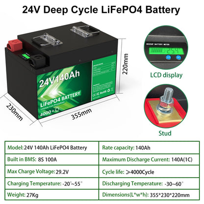 24V 240Ah 200Ah LiFePO4 Battery Pack - 25.6V 6144Wh 5000+ Cycle 100% Full Capacity Built-in 8S 200A BMS With Bluetooth EU NO TAX