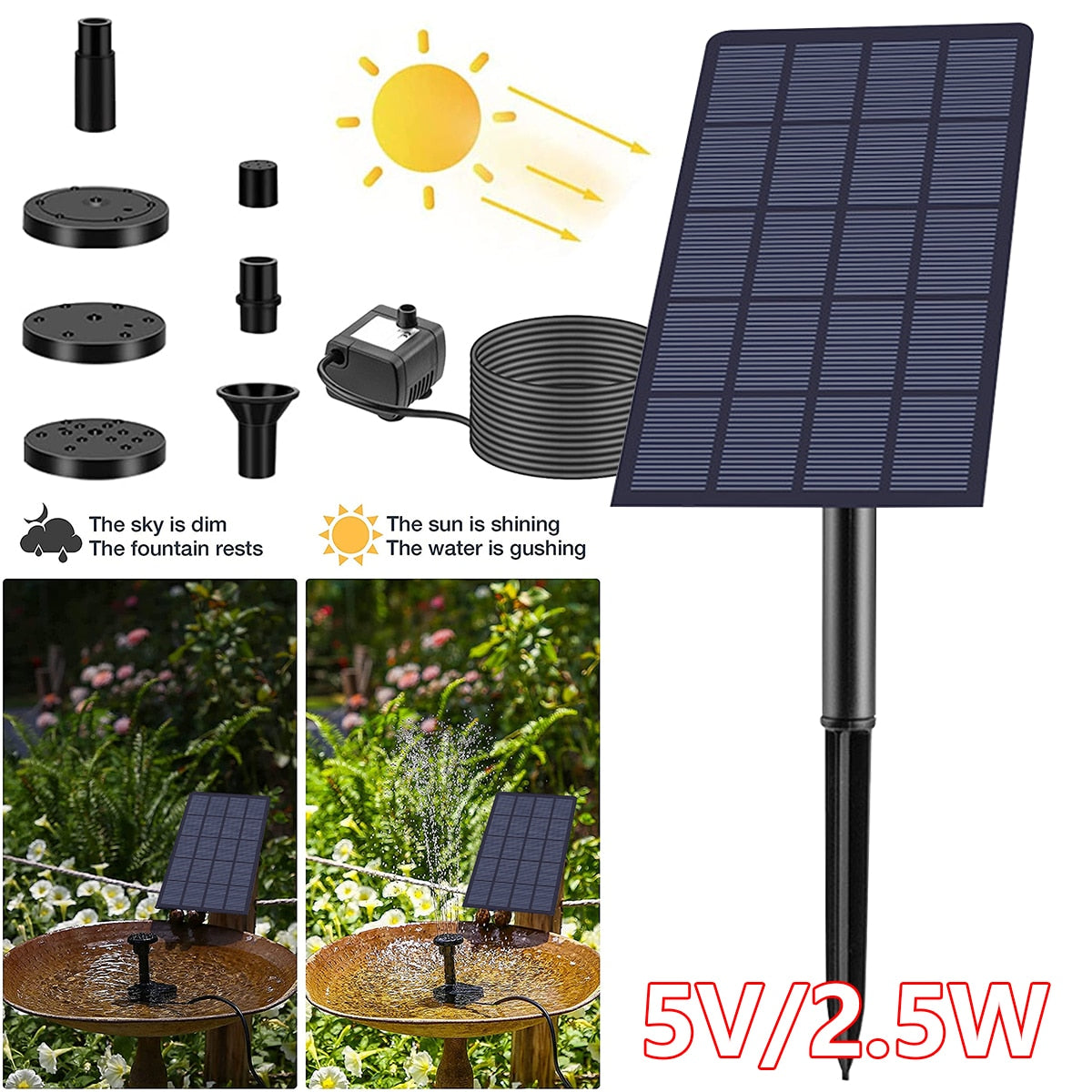 2.5W Solar Fountain Pump - with 360° Rotatable Panel IP68 Waterproof DIY Solar Water Pump Kit with 7 Nozzles for Garden Bird Bath