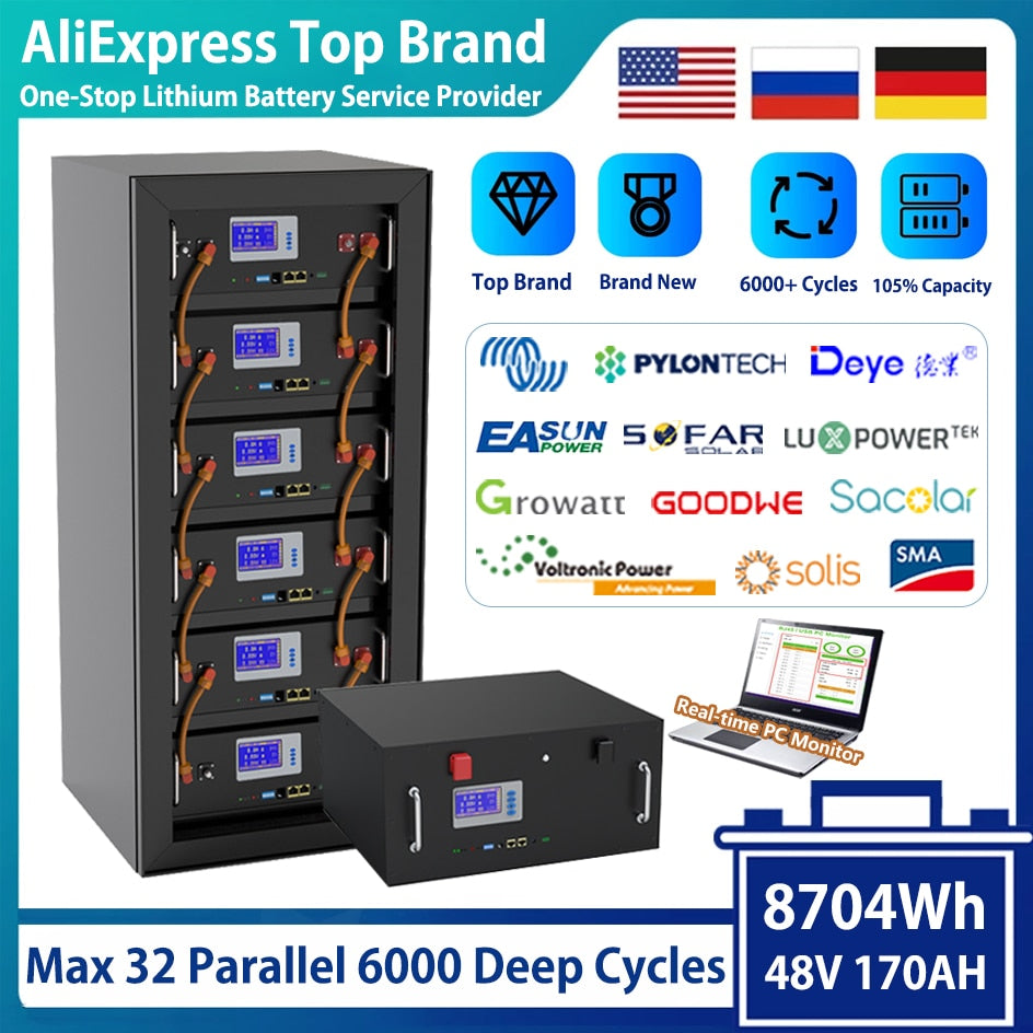 6000 Cycles 48V 170Ah 8704Wh LiFePO4 Battery Pack - 16S 200A BMS CAN RS485 PC Monitor Lithium Inverter Battery 10Years Warranty