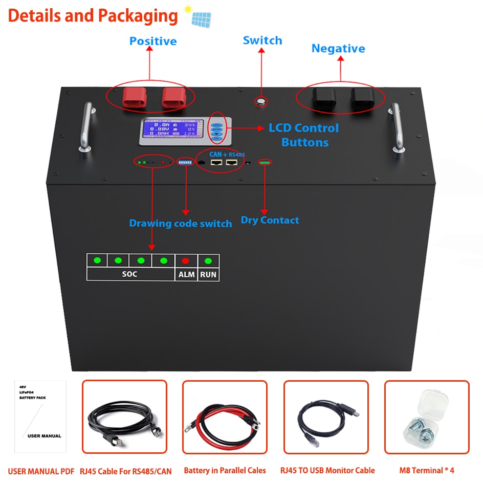 48V 230Ah 200Ah LiFePO4 Battery Pack - 51.2V 12Kw 10Kw 6000 Cycles 32 Parallel PC Monitor Inverter Battery Built-in CAN RS485 BMS