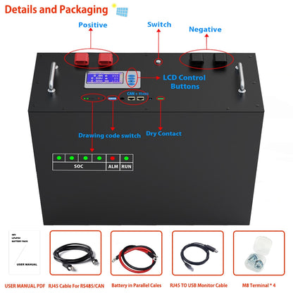 48V 230Ah 200Ah LiFePO4 Battery Pack - 51.2V 12Kw 10Kw 6000 Cycles 32 Parallel PC Monitor Inverter Battery Built-in CAN RS485 BMS