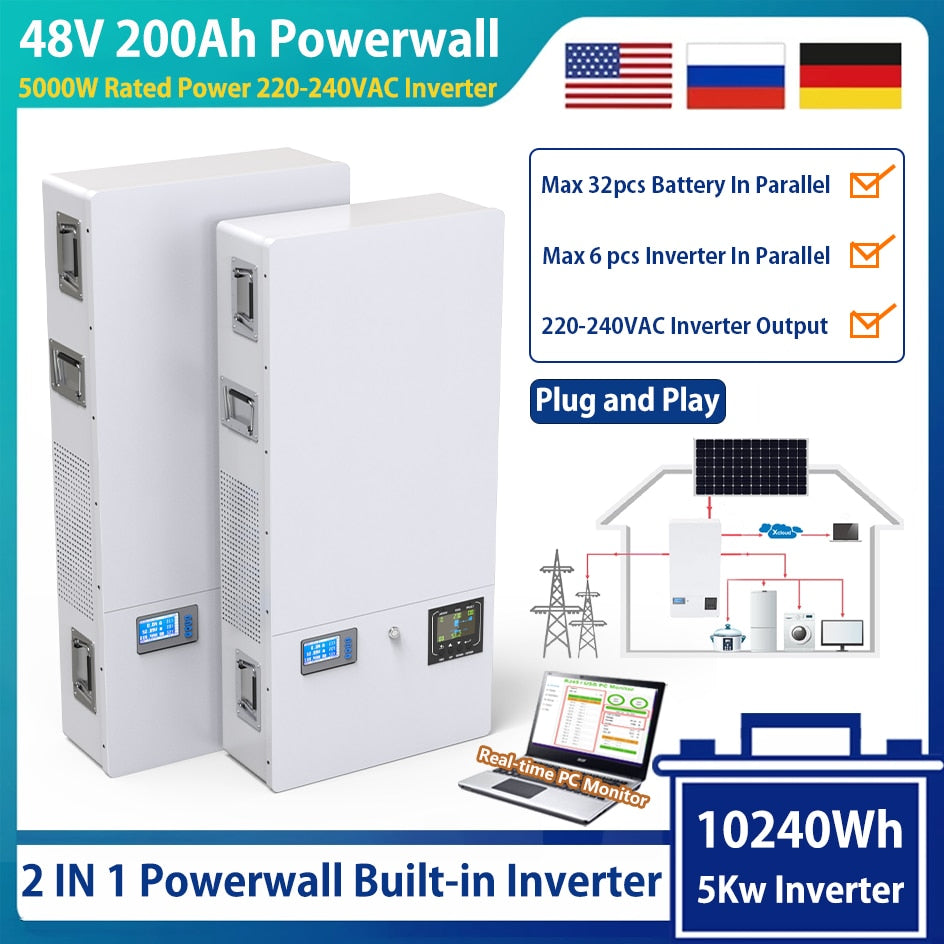 48V 200Ah LiFePO4 Powerwall Battery - 10240Wh Built-in 16S 200A BMS 220-240VAC 5Kw Inverter Plug Play For Solar Off/On Grid NO TAX