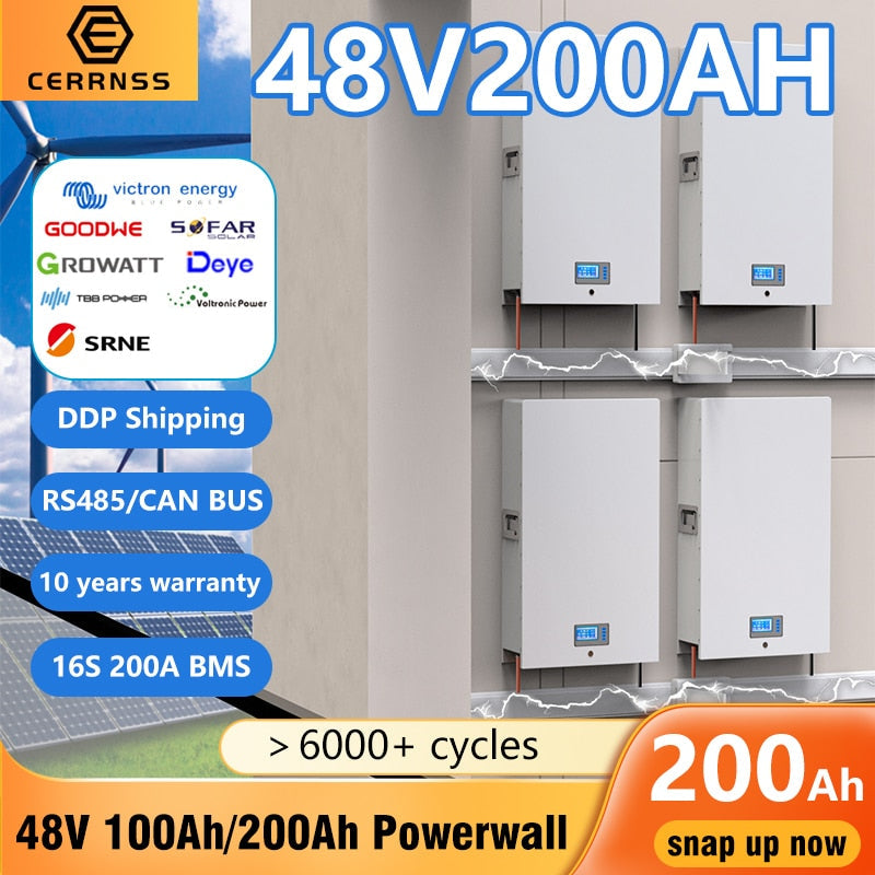 48V 10KW 200AH Powerwall LiFePO4 Battery Pack - Lithium Battery 6000+ Cycles Max 32 Parallel RS485 CAN Communication For Inverter