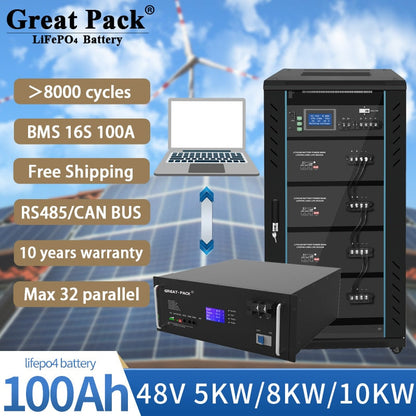 Great Pack 48V 200Ah LiFepo4 Household Power Energy Storage 10KWH Battery Long Service Life Solar UPS System