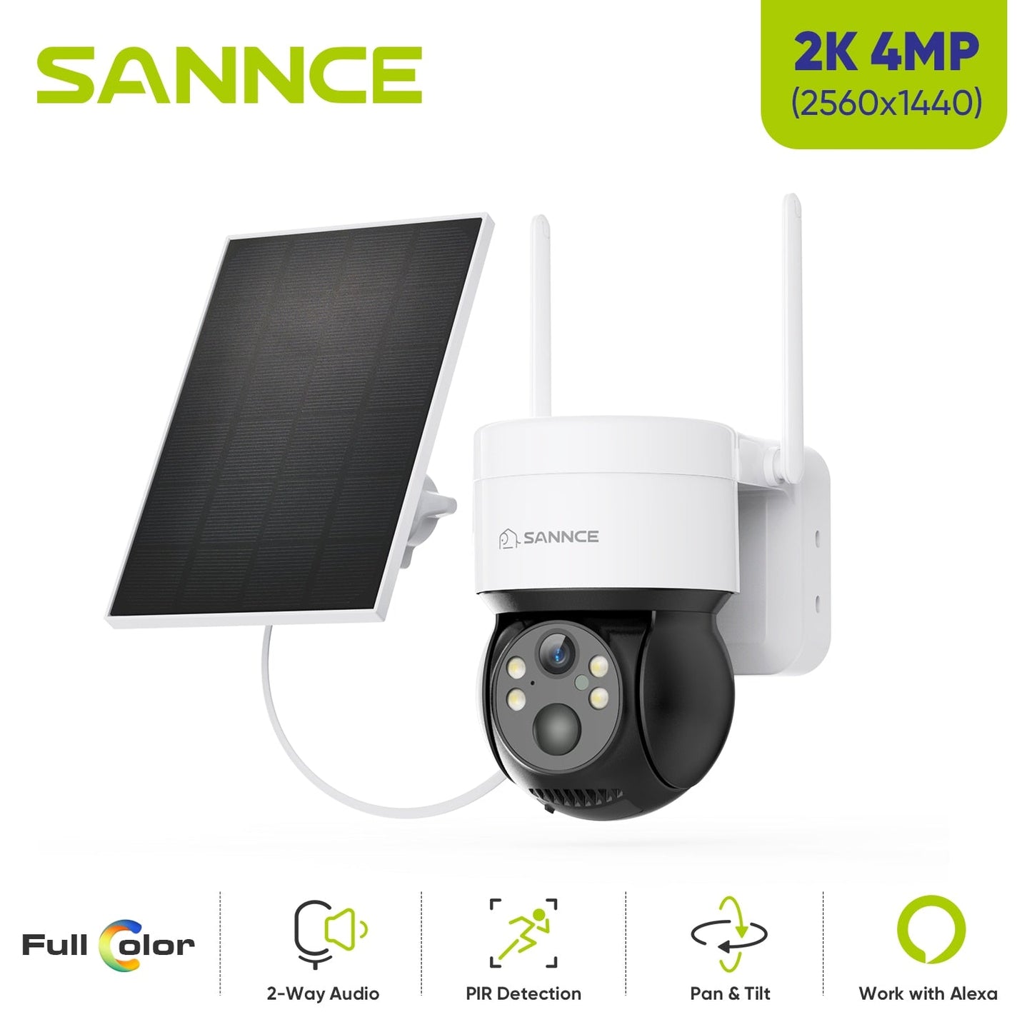 SANNCE 4MP 2K Solar Camera - Support two-way audio 2.4G WIFI connect H.264+ Cameras IP65 Dust and Waterproof 4MM Lens