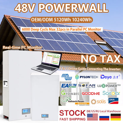 48V 200Ah 10Kw Powerwall - Built-in 16S 200A BMS RS485 CAN 6000 Cycles PC Monitor 32 Parallel 10240Wh LiFePO4 Battery Pack NO TAX