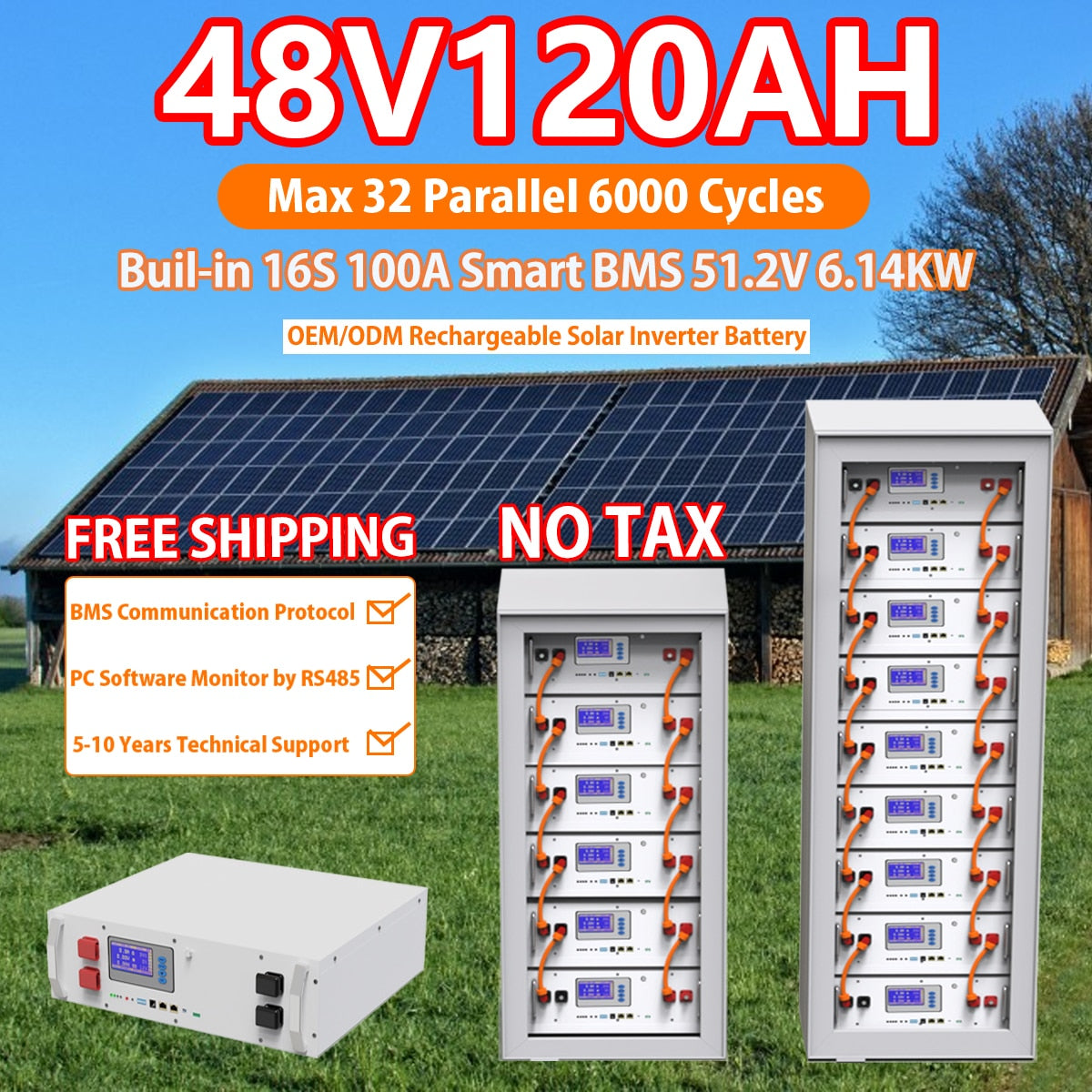48V 120Ah LiFePO4 Battery Pack - 6000 Deep Cycle 51.2V 6.14Kw Solar Rechargeable Inverter Battery Support 32 Parallel EU US NO TAX