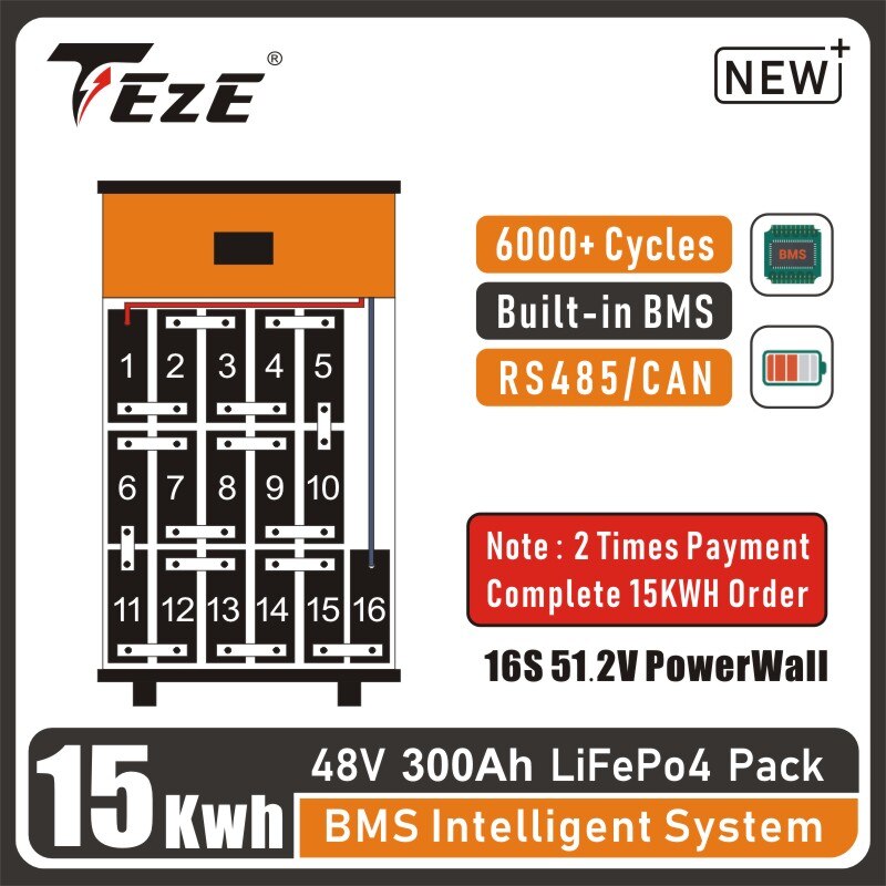 Pay by Installment 48V 15KWh 300Ah LifePo4 Battery PowerWall Home Storage Batteri Built-in BMS System Bateria Solar Backup Power