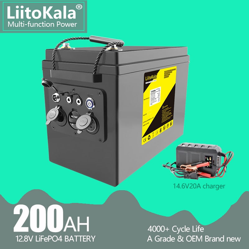LiitoKala 12V 200Ah LiFePO4 Battery 12.8V Power For RV Campers Golf Cart Off-Road Off-grid Solar Wind .QC3.0 Type-C USB output