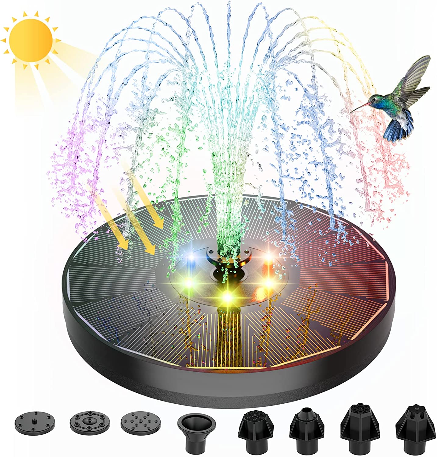 3W Solar Fountain Water Pump with color LED Lights for Bird Bath with 7 Nozzles & 4 Fixers Floating Garden Pond Tank