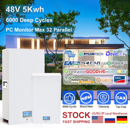 48V 100Ah Powerwall - 6000 Cycles 5120Wh PC Monitor Max 32 Parallel LiFePO4 Battery Pack Built-in 16S 51.2V 100A BMS NO TAX