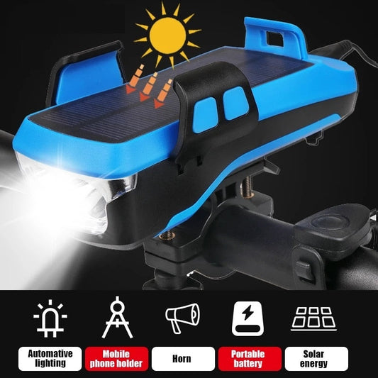 5 IN 1 Led Bicycle Light Front - USB Rechargeable Solar Horn Phone Holder bicycle Lamp 4000mAh Flashlight for Bike Light Lantern