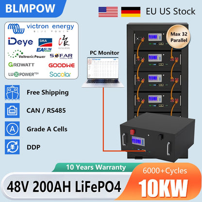 48V 200Ah LiFePO4 Battery 10KW Rack Pack CAN/RS485 Communication 32 Parellel 102% Capacity 6000 Cycle PC Monitor DE PL No TAX