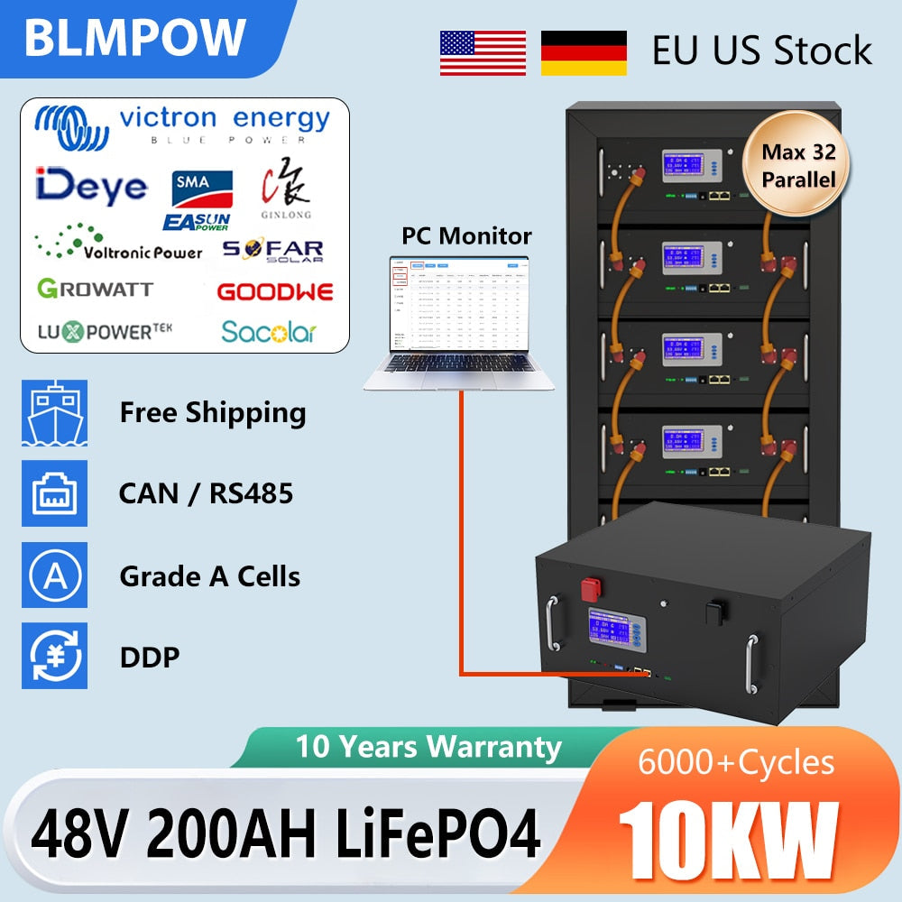 48V 200Ah LiFePO4 Battery 10KW Rack Pack CAN/RS485 Communication 32 Parellel 102% Capacity 6000 Cycle PC Monitor DE PL No TAX