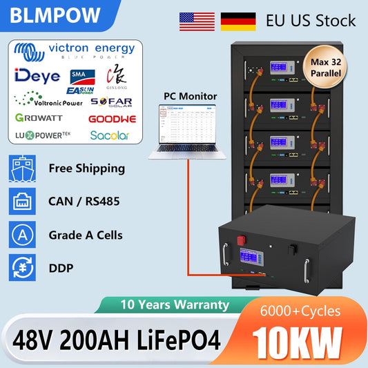 48V 200Ah LiFePO4 Battery 10KW Rack Pack CAN/RS485 Communication 32 Parellel 102% Capacity 6000 Cycle PC Monitor DE PL No TAX