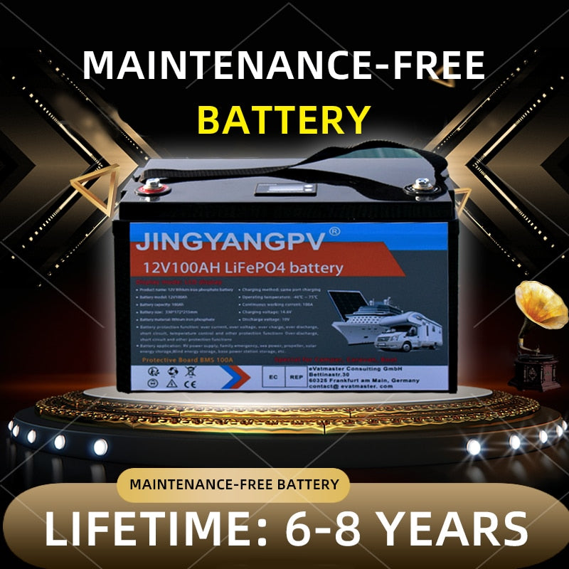 Jingyang 12V 100Ah 200Ah Lithium LiFePO4 Battery Built-in 100A BMS 4000 Deep Cycle Lithium Batteries Solar Power System