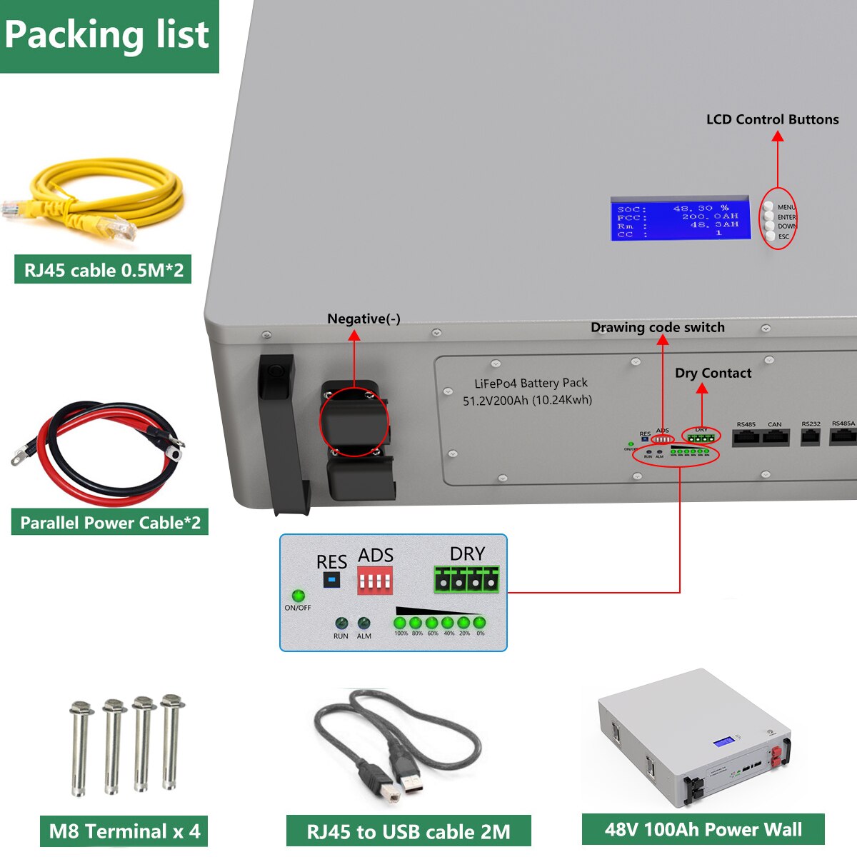 Powerwall 48V 200AH 10KW LiFePO4 Batttery Pack - 6000+ Cycles With RS485 CAN COM Max 16 Parallel For Off/On-Grid Solar Inverter