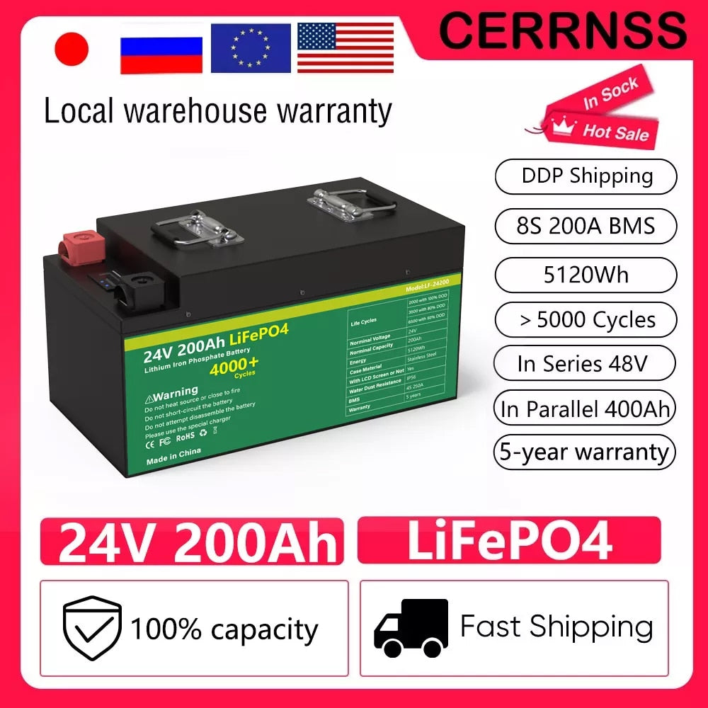 24V 200AH LiFePO4 Battery Pack 300Ah Lithium Solar Battery Grand A Cells Built-in BMS 4000+ Cycle For RV Boat NO TAX LiFePO4 48V