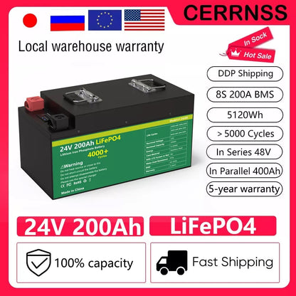 24V 200AH LiFePO4 Battery Pack 300Ah Lithium Solar Battery Grand A Cells Built-in BMS 4000+ Cycle For RV Boat NO TAX LiFePO4 48V