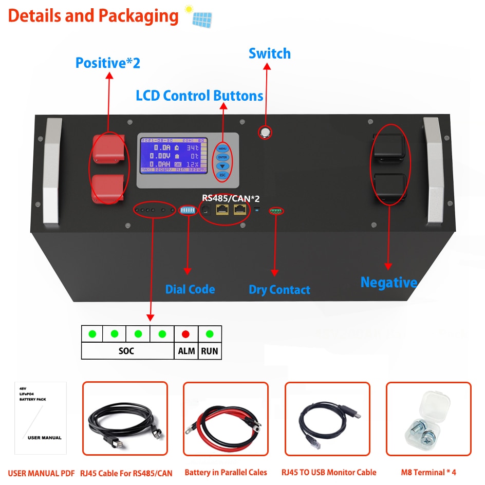 48V LiFePO4 100Ah 5120Wh Battery Pack - 16S 100A BMS CAN RS485 BUS PC Monitor 6000 Cycles Life 10 Years Warranty