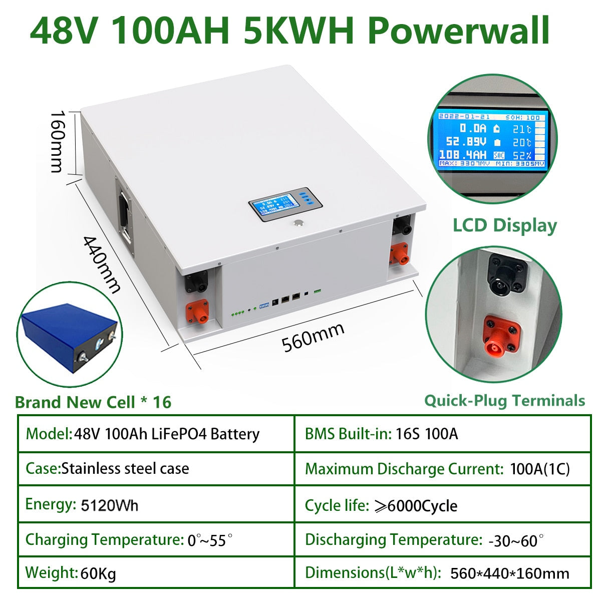 48V 200Ah 100AH LiFePO4 Battery Pack CAN/RS485 32 Parellel 10KW 5KW Super Capacity 6000+ Cycle PC Monitor 200A BMS For Solar
