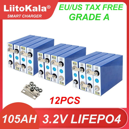 12pcs Grade A 3.2V 105Ah LiFePO4 battery Lithium iron phospha DIY 4s 12V 24V RV Motorcycle Electric Car travel Solar Batteries