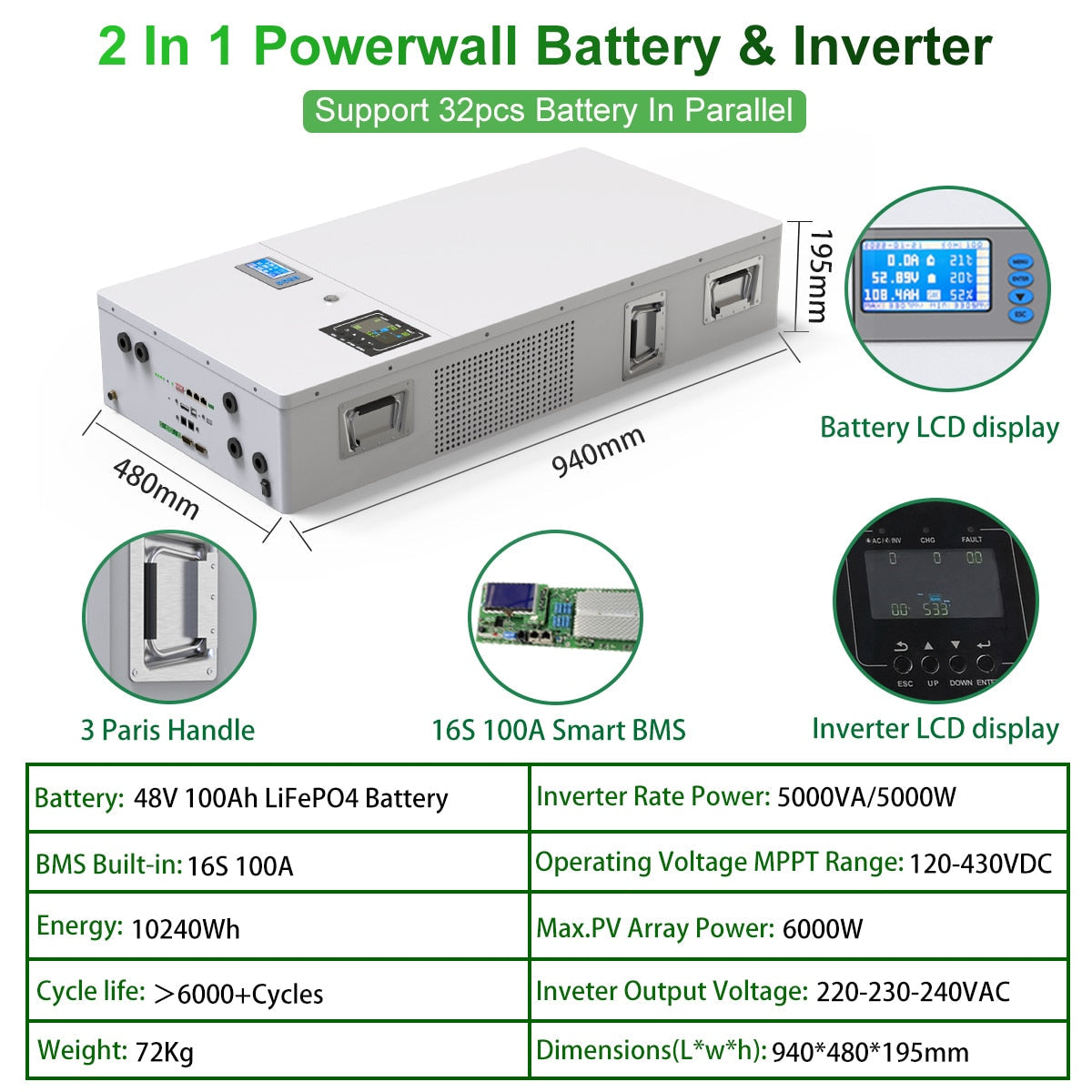 48V Powerwall LiFePO4 51.2V 100Ah 200Ah Battery Pack - 2IN1 Plug Play 6000 Cycle 5Kwh 10Kwh Built-in 16S BMS 5Kw 220-240V Inverter