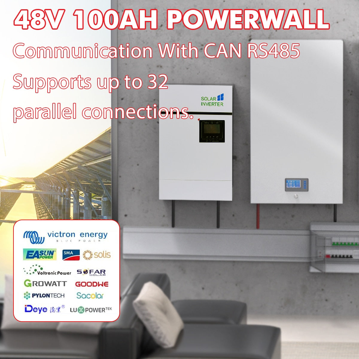 48V 100AH Powerwall LiFePO4 Battery Pack - 5KW Lithium Battery Max 32 Parallel 6000+ Cycles RS485/CAN Com For Inverter LiFePO4 48V