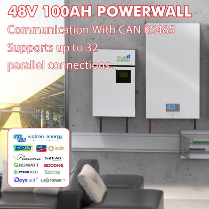 48V 100AH Powerwall LiFePO4 Battery Pack - 5KW Lithium Battery Max 32 Parallel 6000+ Cycles RS485/CAN Com For Inverter LiFePO4 48V