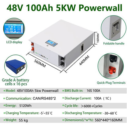48V 100AH 200AH LiFePO4 Battery - 5KW 10KW Solar Lithium Batteries 6000+ Cycles RS485 CAN BUS PC Monitor For Off/On Grid Inverter