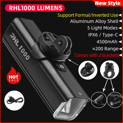 ROCKBROS D3-1000 Bike Front Light - IPX6 Rainproof Type-c Rechargeable Bicycle Light 1000LM Cycling Headlight LED Flashlight MTB Bike Lamp
