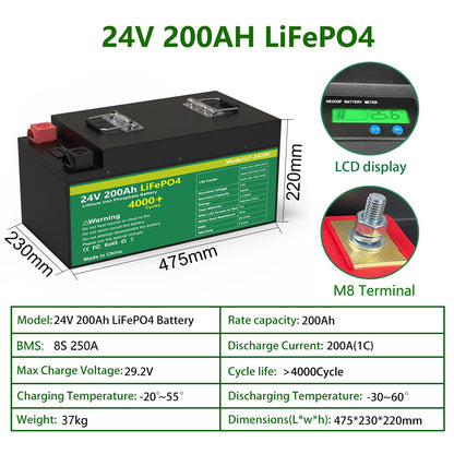 24V 200AH LiFePO4 Battery Pack 300Ah Lithium Solar Battery Grand A Cells Built-in BMS 4000+ Cycle For RV Boat NO TAX LiFePO4 48V