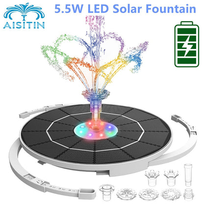 AISITIN 5.5W LED Solar Fountain - Solar Water Fountains with 3000mAh Battery 6 Nozzles. for Bird Bath. Garden and Outdoor.etc.