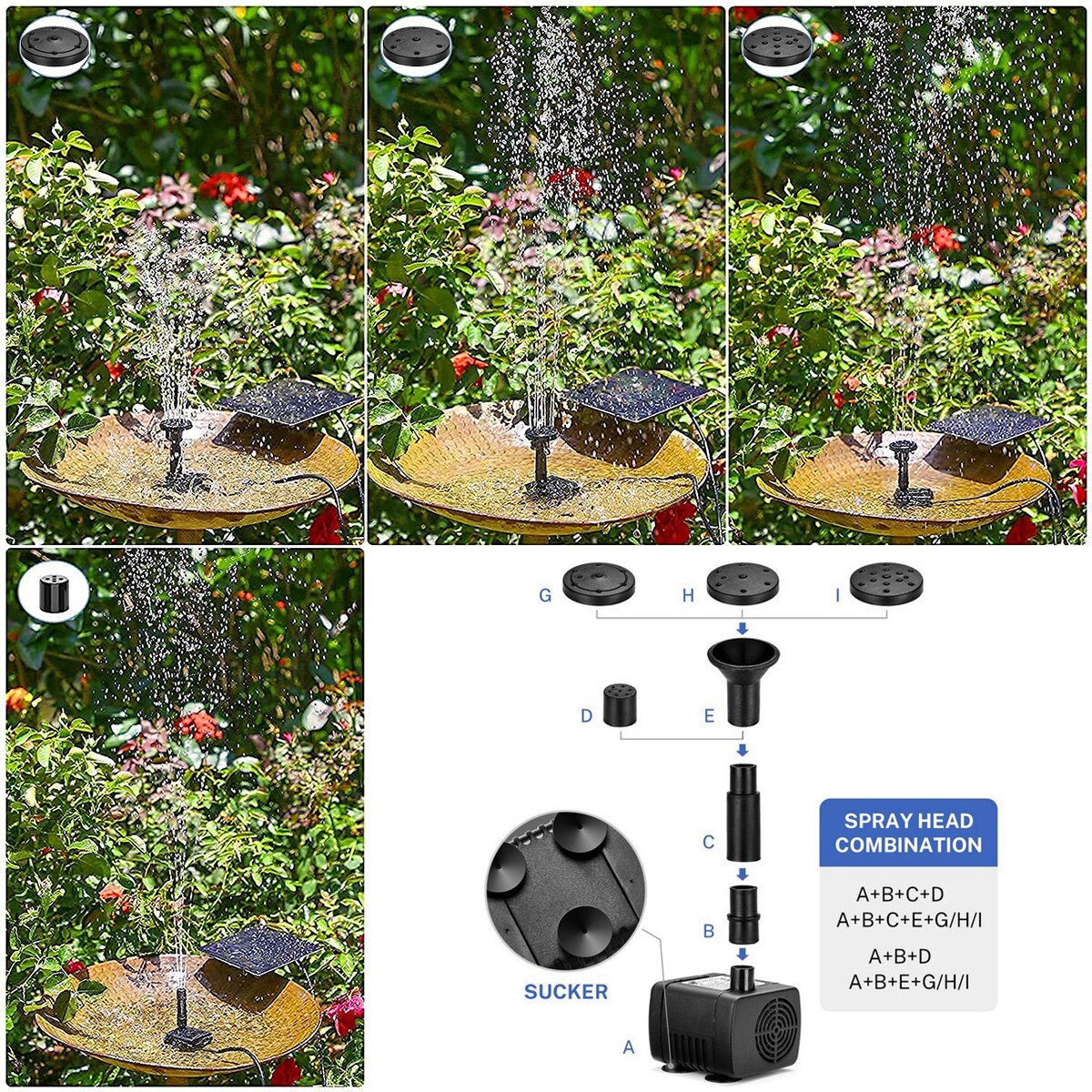 2.5W Solar Fountain Pump - with 360° Rotatable Panel IP68 Waterproof DIY Solar Water Pump Kit with 7 Nozzles for Garden Bird Bath