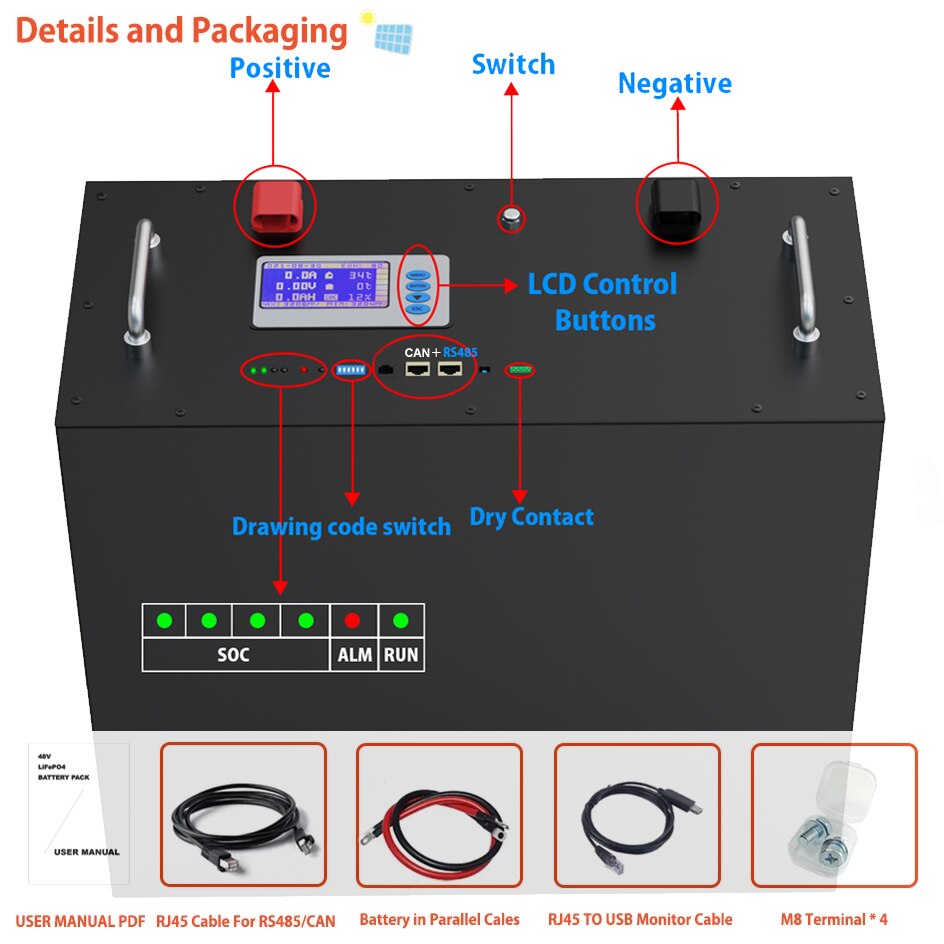 48V 200Ah 100Ah LiFePO4 Battery Pack - 51.2V 10Kw 6000 Cycles PC Monitor Max 32 Parallel 16S 200A BMS Inverter Lithium Ion Battery