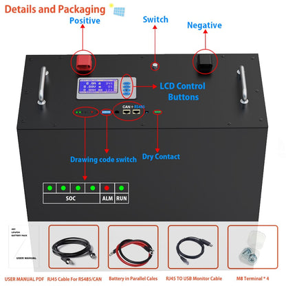 6000 Cycles 48V 170Ah 8704Wh LiFePO4 Battery Pack - 16S 200A BMS CAN RS485 PC Monitor Lithium Inverter Battery 10Years Warranty