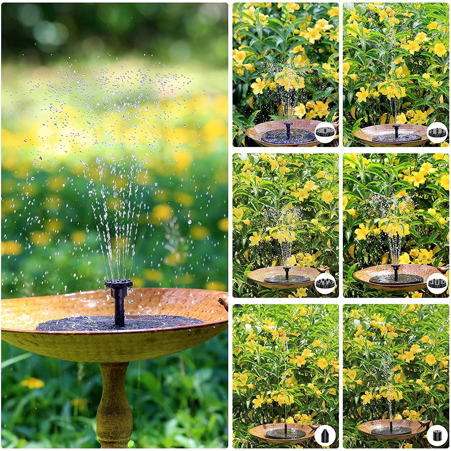 2.5W Solar Bird Bath Fountain - Solar Fountain Pump for Bird Bath with 6 Nozzles. Solar Powered Water Fountain for Garde