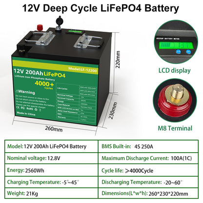 12V 200AH 202AH LiFePO4 Battery - Lithium Iron Phosphate Batteries Grand A Cells Built-in BMS Rechargeable Battery For RV Solar