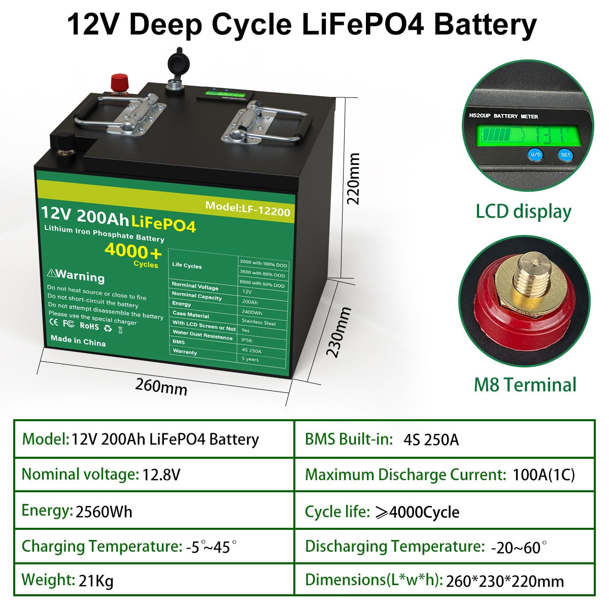 12V 200AH 202AH LiFePO4 Battery - Lithium Iron Phosphate Batteries Grand A Cells Built-in BMS Rechargeable Battery For RV Solar