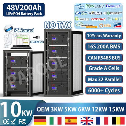 48V 200Ah 100Ah LiFePO4 Battery Pack - 51.2V 10Kw 6000 Cycles PC Monitor Max 32 Parallel 16S 200A BMS Inverter Lithium Ion Battery