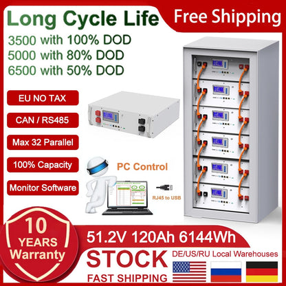 48V LiFePO4 Battery 51.V 6Kwh 120Ah 100Ah 60Ah 6000+ Cycles 108% Capacity Max 32 Parallel PC Monitor RS485/CAN 10Year Warranty