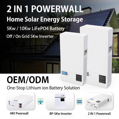 48V Powerwall LiFePO4 51.2V 100Ah 200Ah Battery Pack - 2IN1 Plug Play 6000 Cycle 5Kwh 10Kwh Built-in 16S BMS 5Kw 220-240V Inverter